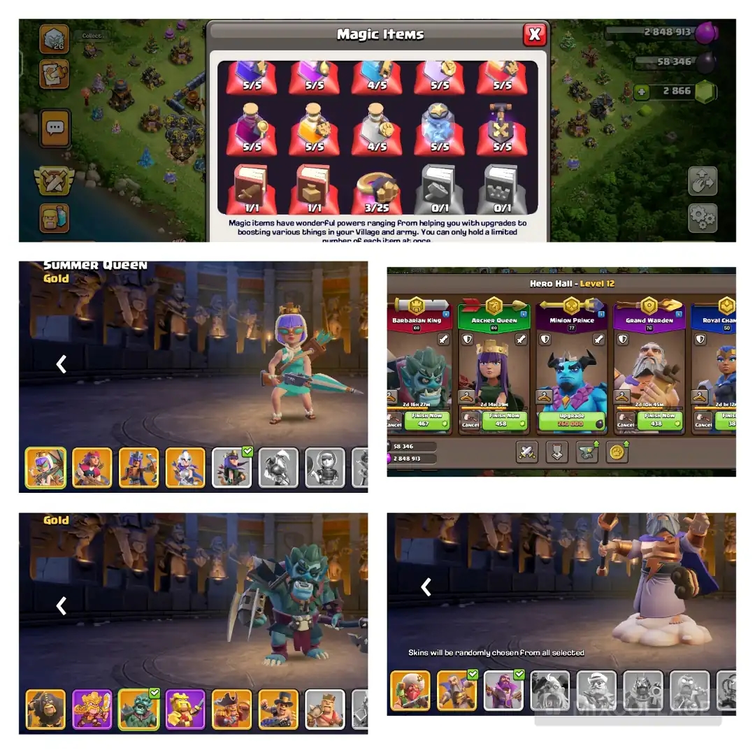 th:18-heros:100|100|77|76|50 | Skin:13 | max:equipment | nc:1000 | heros:upgrading | xp:246 | magic:items | gems:2866 | full:access | buyer-mail - Global