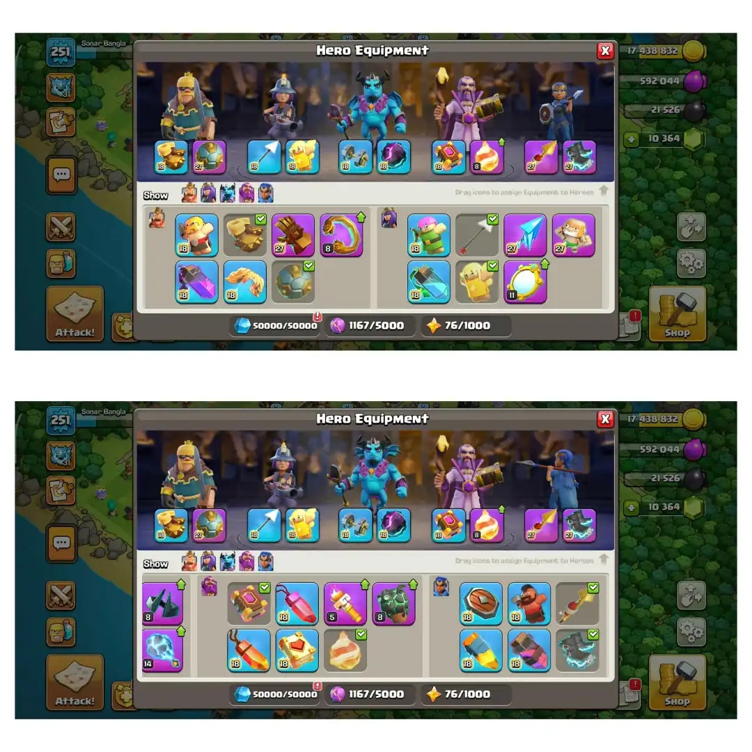 Gems-10367 ➺Stacked Th18 Max➺Hero:105-105-95-80-55 ➺125 Walls Max [Lvl-19]➺6 Epic Equipments Max ➺CWL-379 ➺Email Change Avl - Global