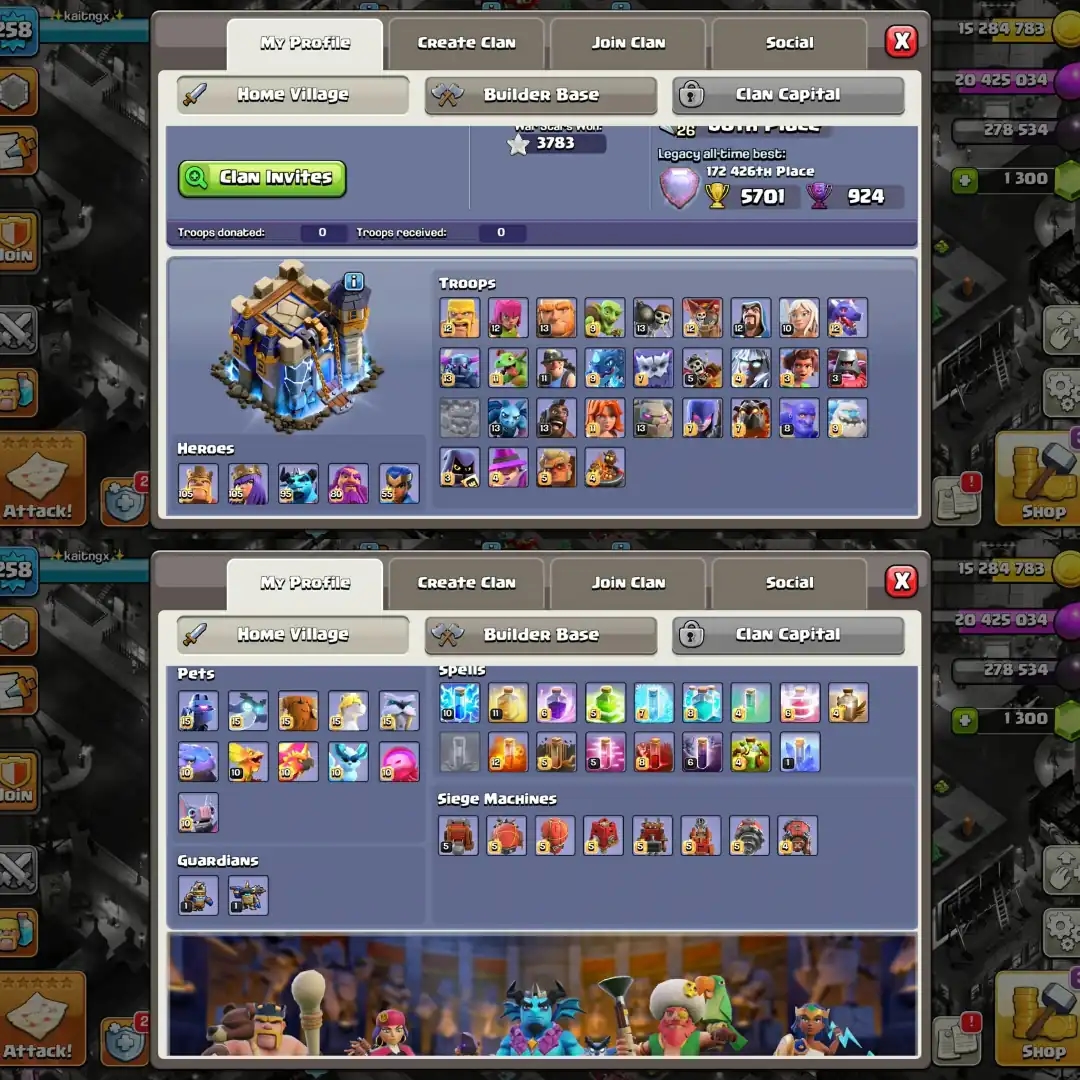 【All Hero Max 100%】➤Th18 Fully Max➤【11 Gear Epic Max】➤[Wall 100% Max] Profile Fully Max➤3780 War Star➾258 XP➤Full Ownership➤Instant Delivery➤ - Global