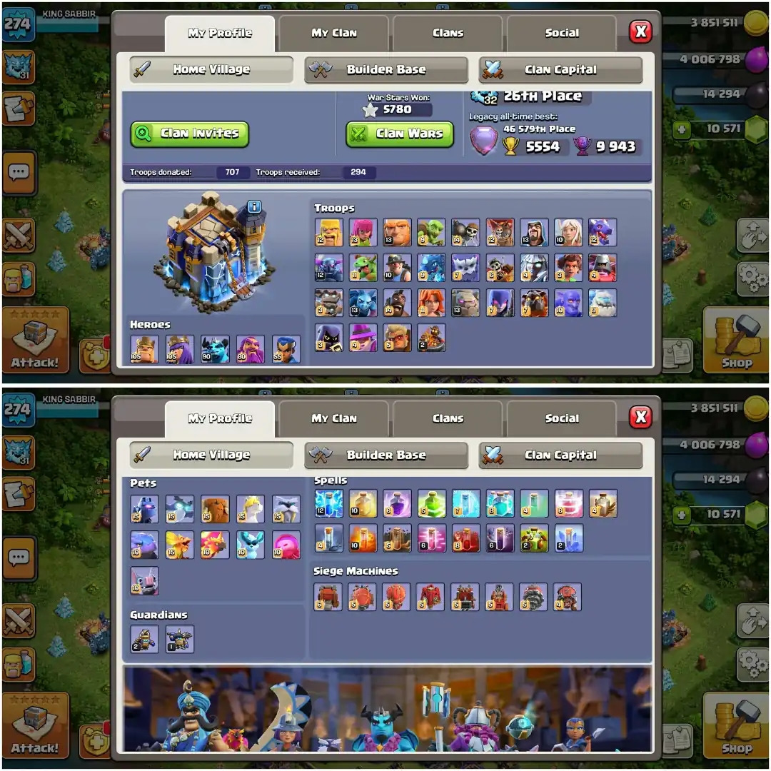 [10000+Gems Available] Th18 Fully Max | Xp-274 | 5 4 Heroes Max | Max Profile | 5780 High Ws | Max Equipment | Nc Yes | 900 Cwl Medals | Full Access - Global