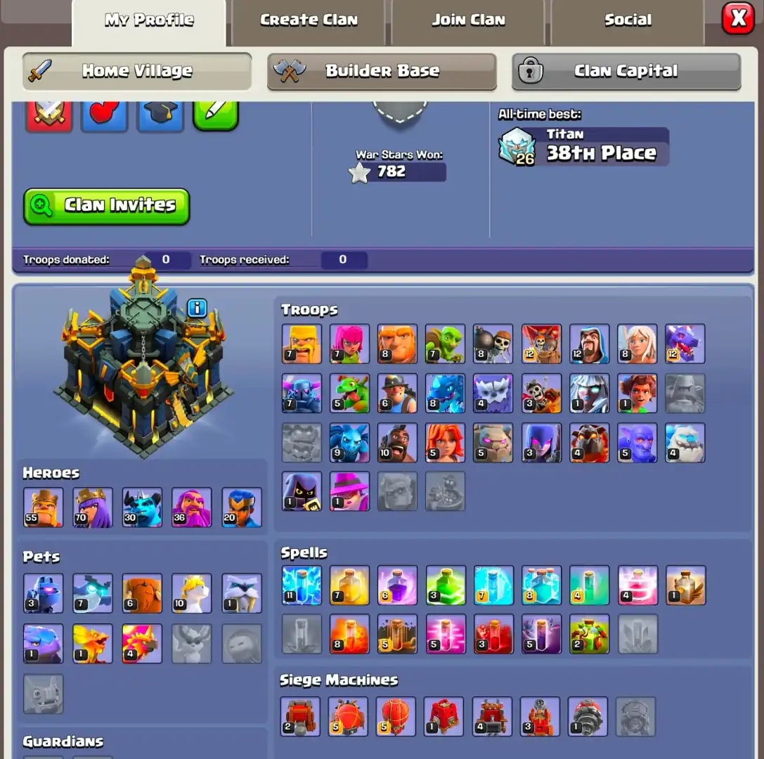 [Best Deal] Th17 Great Account [4 Epic Lvl 23] [Nc Free] Heroes: 55-70-30-36-20 | High Defence | Profile Unlock | Xp-159 | Blue Wall | Full Access - Global