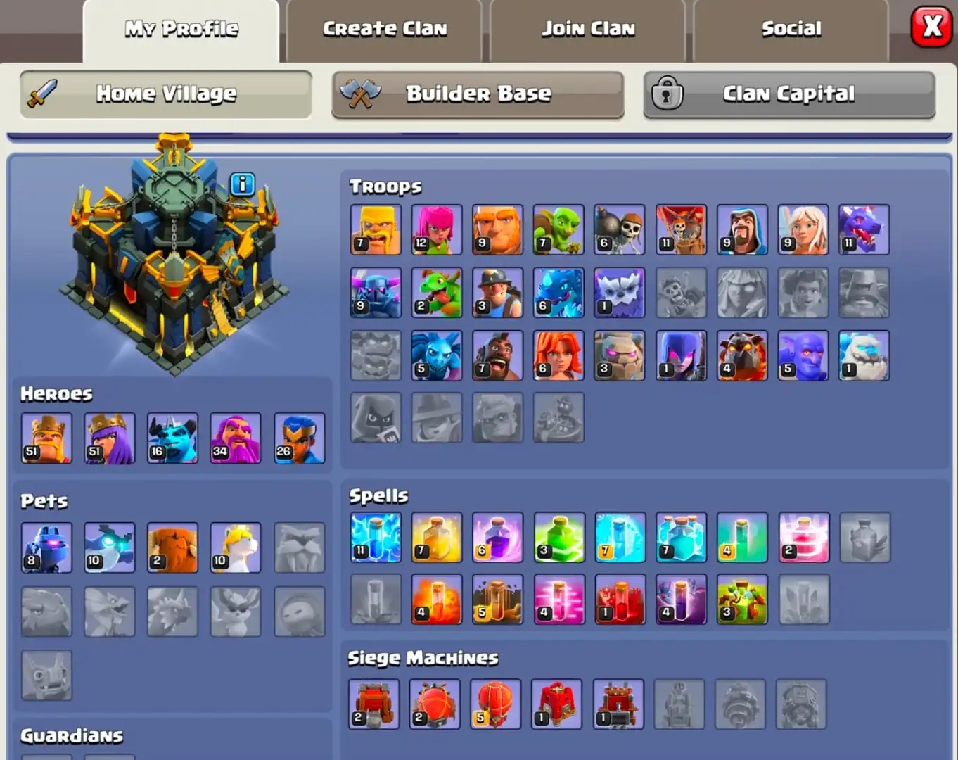 [SUPER CHEAPEST] TH17 NEAR MAX [NC FREE] [EPIC: EB-26/SB-20/FB-20] MAX TYPE DEFIANCE | PURPLE WALL | HEROES: 51-51-16-34-26 | 6 BUILDER | FULL ACCESS - Global
