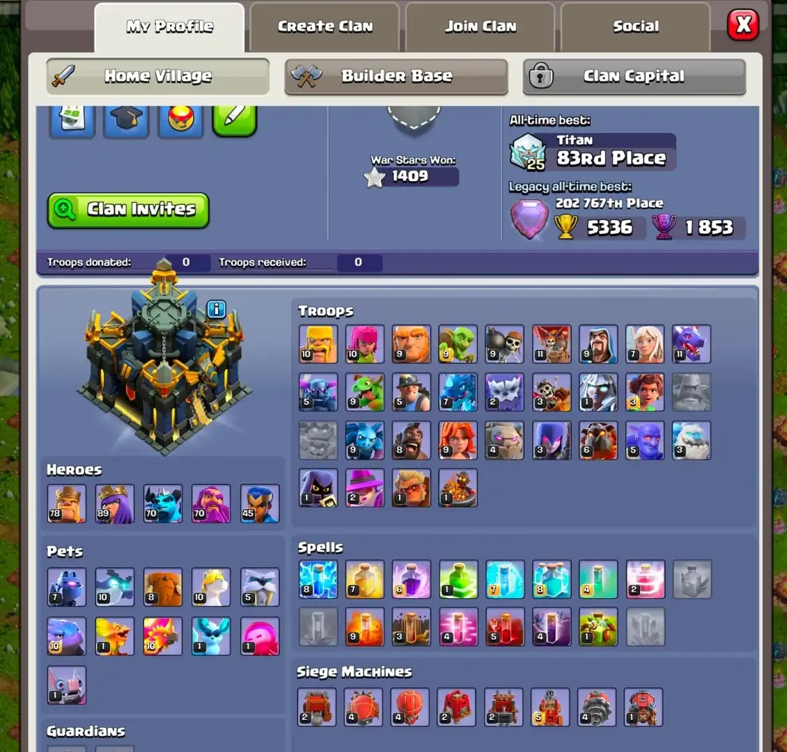 [ALL EPIC] TH17 NEAR MAX ➤PURPEL WALL ➤EPIC HIGH ➤ HEROES: 78-89-70-70-45 ➤XP-225 ➤1400 WS ➤HIGH DFC ➤NC YES ➤BEST TROOPS ➤ FULL ACCESS - Global