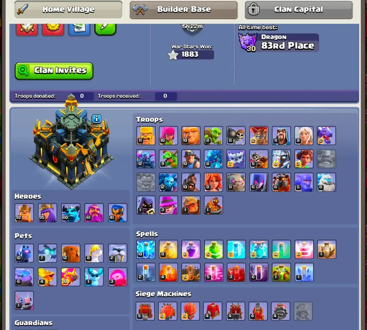 [World Best Deal] Th17 Fully Max Type | 100% Max Wall+ Dfc [3 Epic Max/1 Epic 26 | Heroes: 92-95-60-61-41 | Xp-211 | Paid Scenery | Full Access - Global