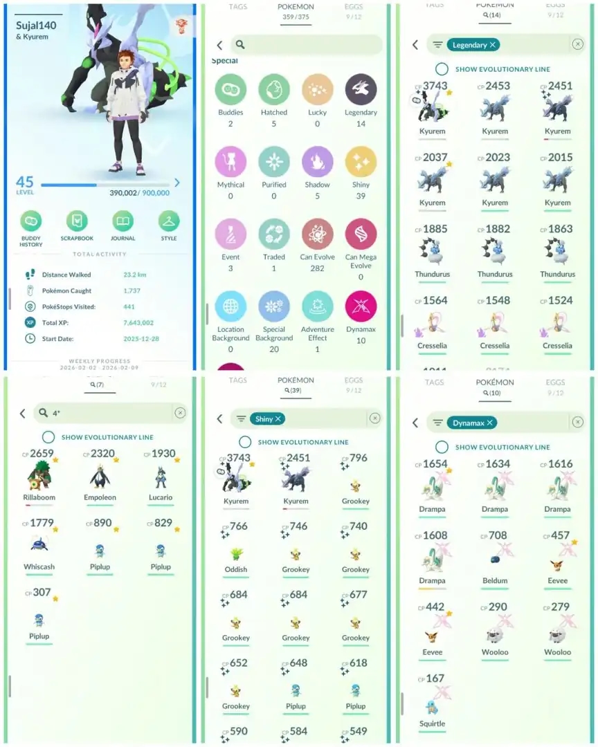 R124 | Level45 | 14 Legendary | 39 Shiny | 2 Shiny Legend | Shiny Fused Black Kyurem | Hundo Lucario | 7 Hundo | Stacked Account - Global