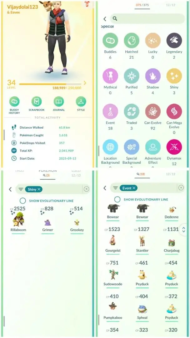 R123 | Level34 | 2 Legendary | 3 Shiny | 18 Costume Pokemons | 12 Dmax | Mini Account - Global