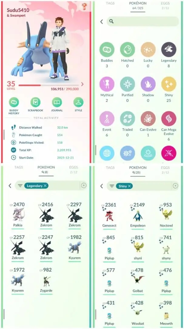 R111 | Level35 | 8 Legendary | 25 Shiny | Zekrom | Kyurem | Palkia | Shiny Gensect | Costume Shiny | Mini Account - Global