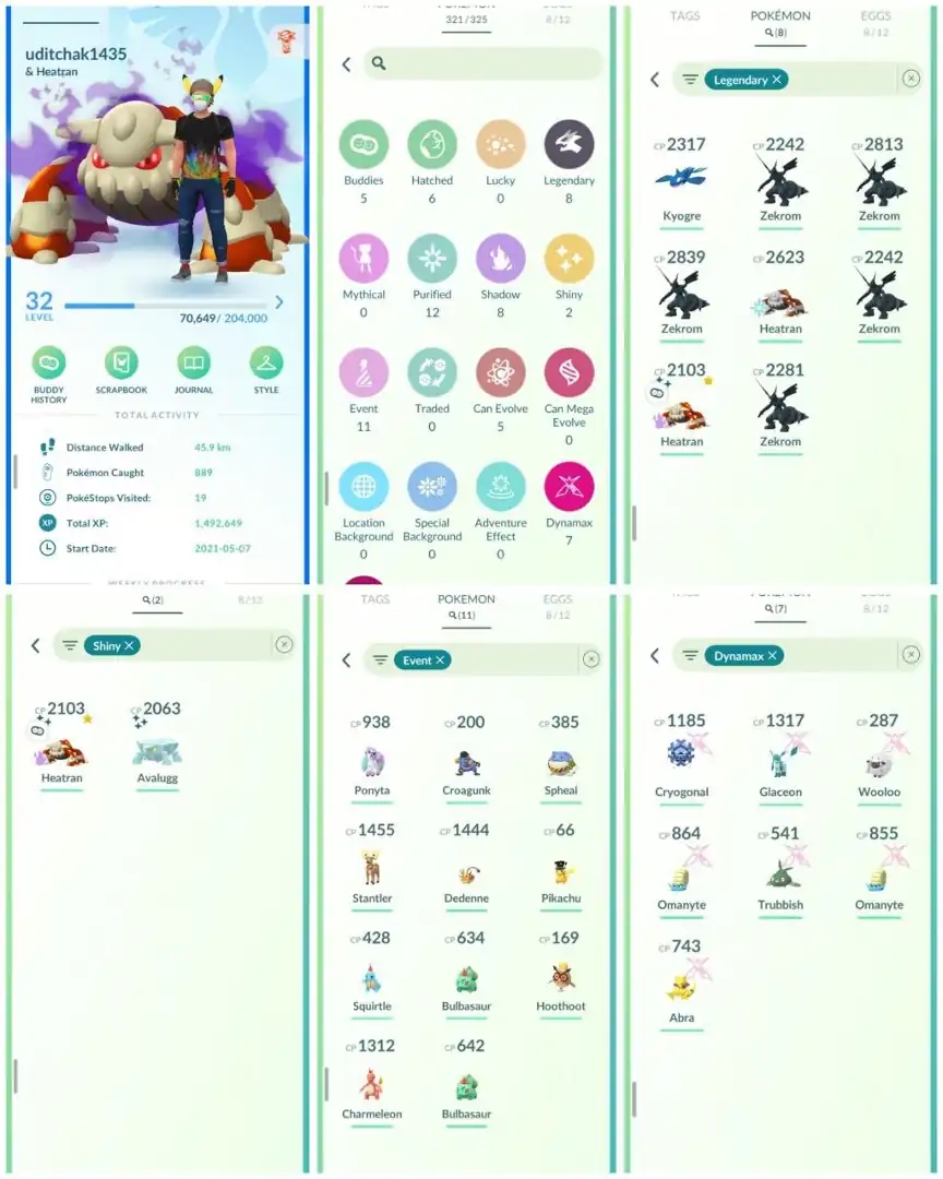 R76 | Level32 | 8 Legendary | 2 Shiny | 1 Shiny Heatran | 11 Costume Pokemons | 7 Dmax | Zekrom | Starter Account - Global