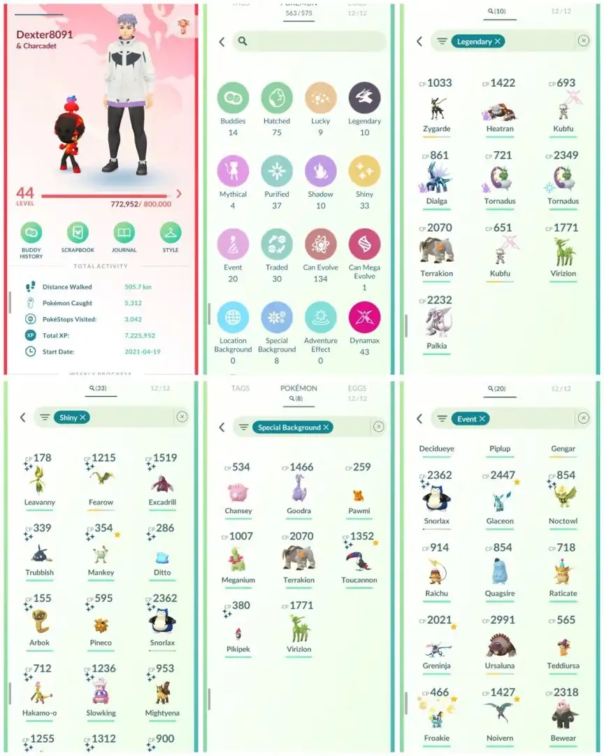 R74 | Level44 | 10 Legendary | 33 Shiny | Ultra Rare Shiny Jacket Snorlax Tradable | Shiny Ditto | 8 Special Background Pokemons | 20 Costume| - Global