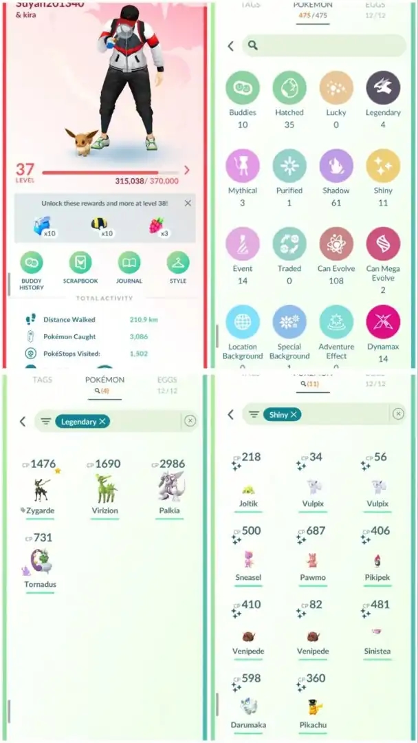 R72 | Level37 | 4 Legendary | 11 Shiny | Palkia | Costume Shiny Pikachu | 14 Costume Pokemons | Stacked Account - Global