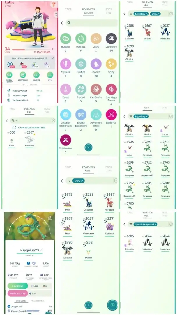R33 | Level34 | 64 Legendary | 8 Shiny | 4 Shiny Legend | Hundo Reshiram | 2 Special Background Necrozma | Mega Rayquaza | Shiny Giratina | - Global