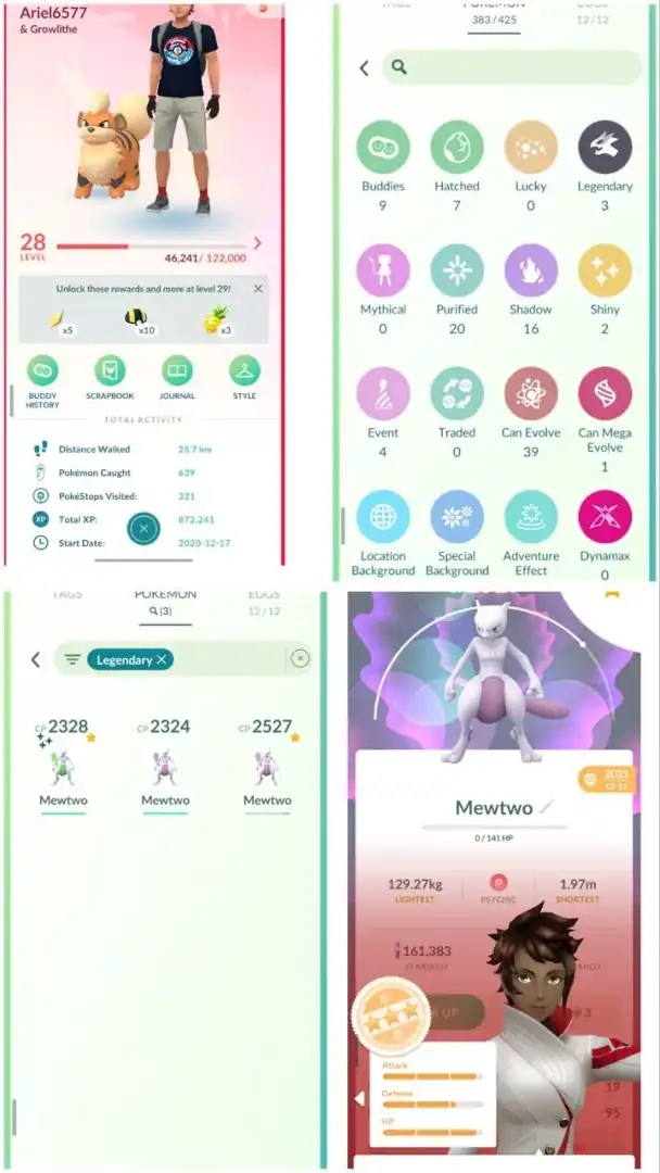 R27 | Level28 | 3 Legendary | Shiny Mewtwo | Almost Hundo Mewtwo | 2 Shiny | 2020 Account - Global
