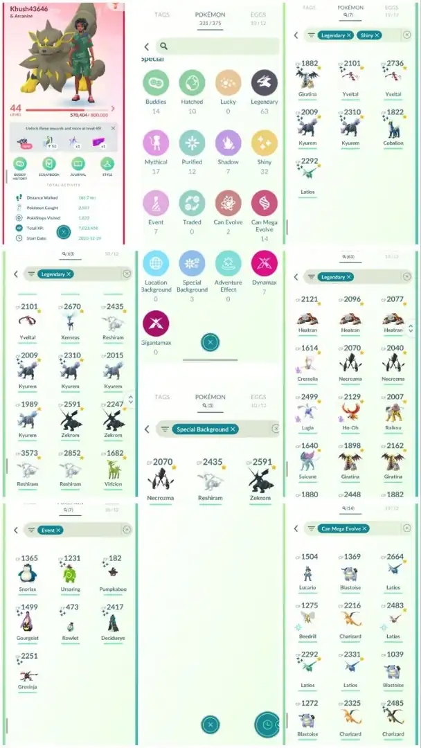 DA1 | Level44 | 63 Legendary | 32 Shiny | 7 Shiny Legend | Special Background Necrozma Reshiram Zekrom | Mega Lucario | Shiny Giratina | - Global