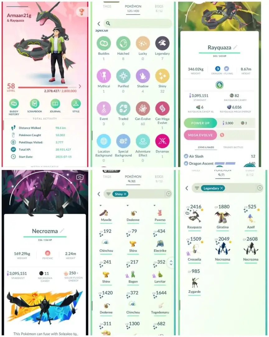 R20 | Level58 | 7 Legendary | 32 Shiny | 4 Shiny Legend | Mega Shiny Rayquaza | 3M Stardust | Shiny Necrozma | Shiny Larvitar | Shiny Eevee | - Global