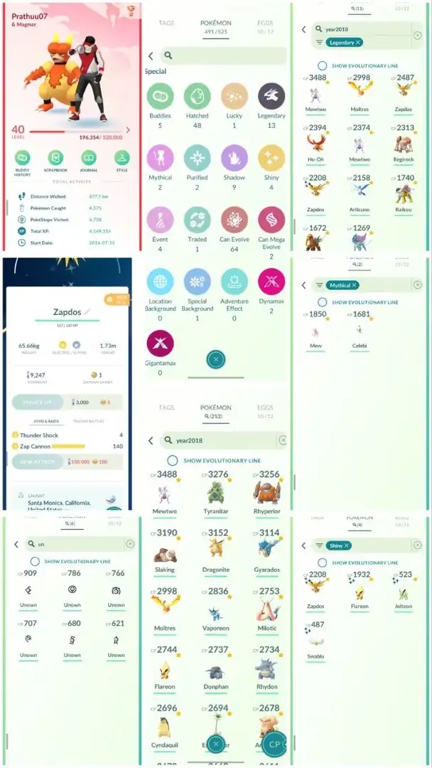 R144 | Level40 | 13 Legendary | 4 Shiny | Ultra Rare 2018 Shiny Zapdos Tradable | 2018 Mewtwo | Mew | Celebi | Year2018 Pokemons | - Global