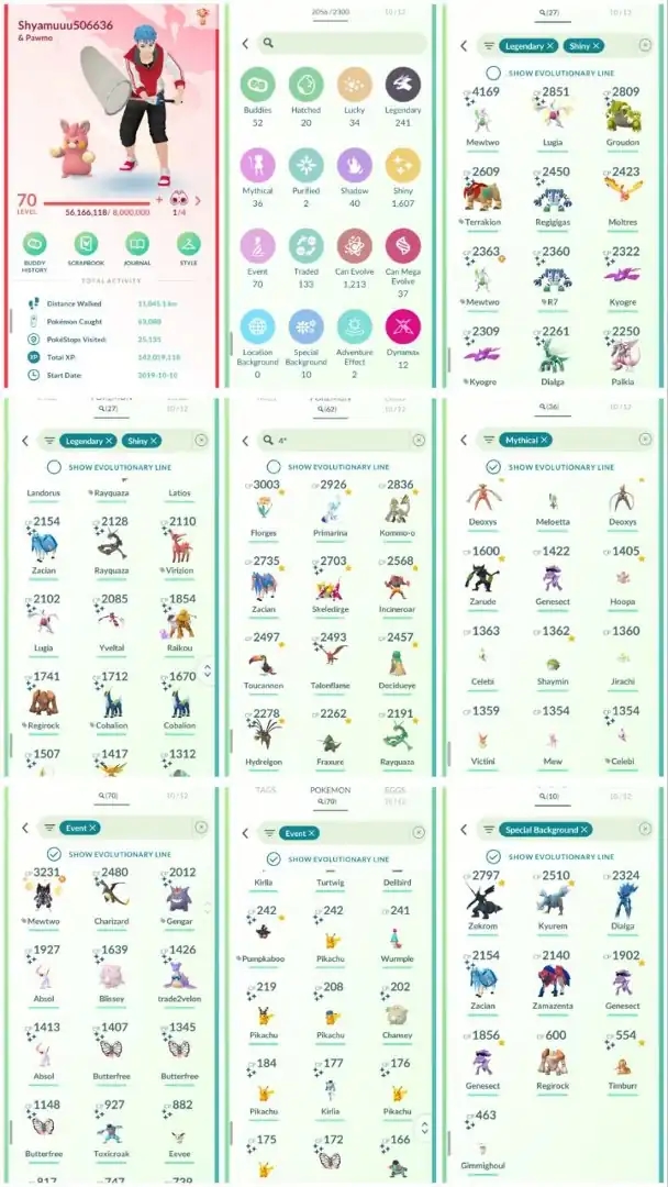 VJ1 | Level70 | 241 Legendary | 1607 Shiny | 27 Shiny Legend | Shiny Mewtwo | Shiny Rayquaza | Lucky Armour Mewtwo | Special Background | - Global
