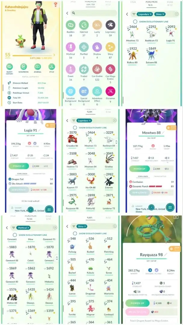 VJ2 | Level55 | 59 Legendary | 87 Shiny | Year2018 Rayquaza | Year 2018 Shiny Lugia Tradable | 2019 Armour Mewtwo Tradable | - Global