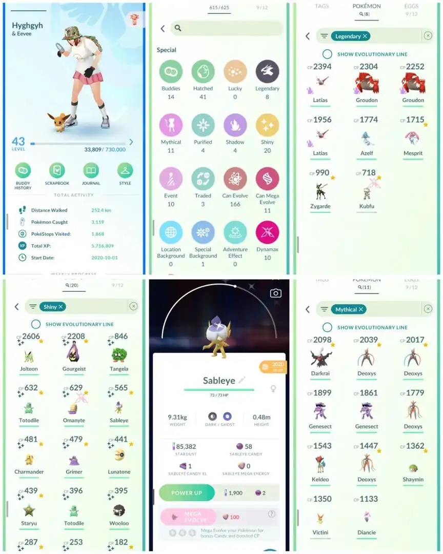 VJ15 | Level43 | 8 Legendary | 20 Shiny | Ultra Rare Shiny Litvik Hat Sableye 2020 Tradable | 11 Mythical | Rare Account - Global