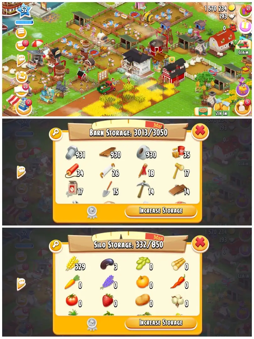 LEVEL 51 | 3000 BARN & 800 SILO | FULLY FILLED LAND TOOLS | 1.5M COINS & 193 DIAMONDS | FULLY STACKED | FULL ACCESS | IOS/ANDROID - Global