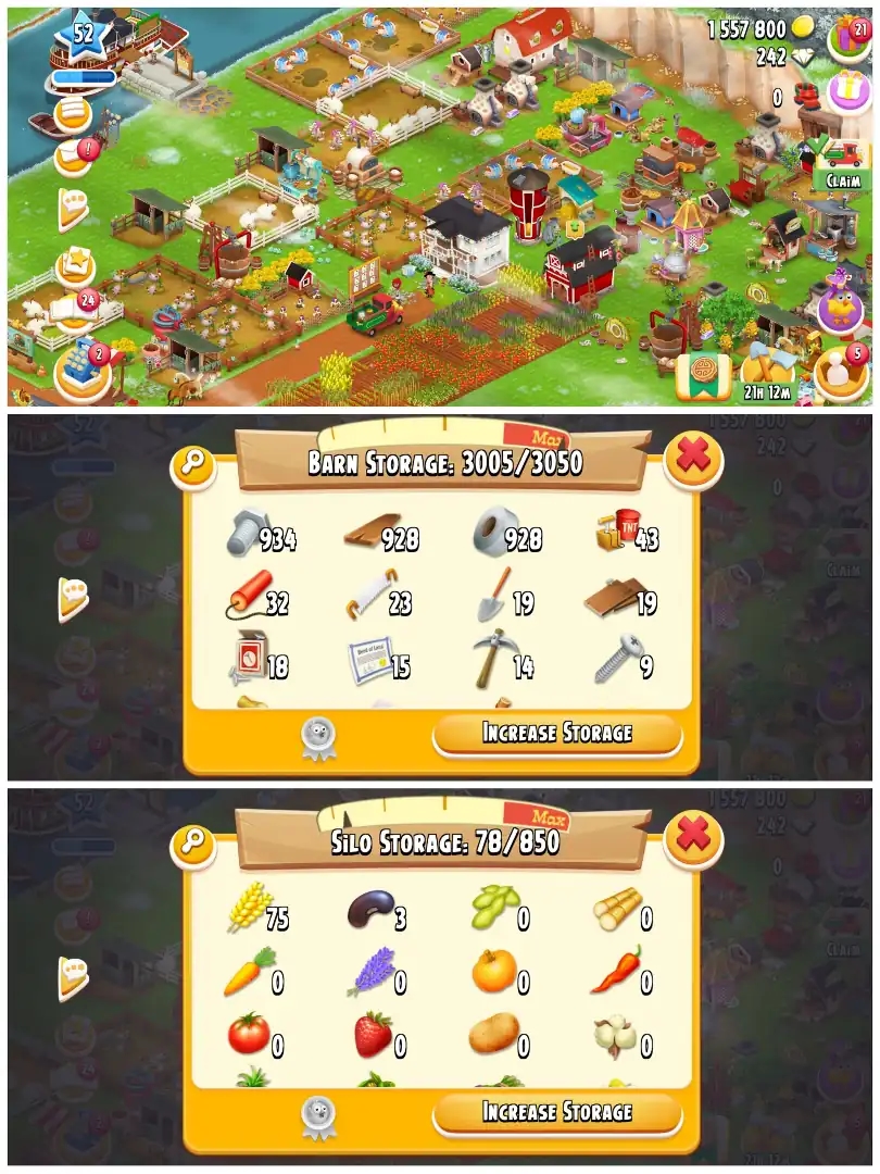 LEVEL 51 | 3000 BARN & 800 SILO | FULLY FILLED LAND TOOLS | 1.5M COINS & 242 DIAMONDS | FULLY STACKED | FULL ACCESS | IOS/ANDROID - Global