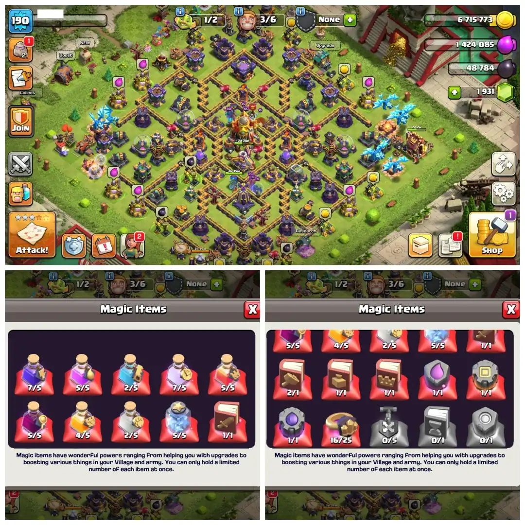 TH16 Premium Max Type | 2 Exclusive Scenaries & 10 Skins | Heroes: BK80 : AQ88 : MP55 : GW59 : RC32 | Fully Stacked& High Lvl Apprentice | Android/iOS - Global