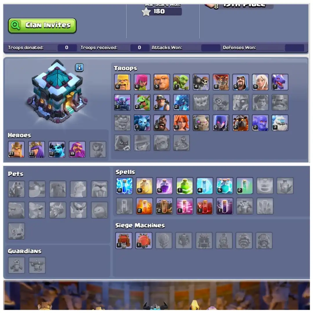 TH13 Semi Max | Heroes: BK27 : AQ27 : MP17 : GW19 | 155 CWL Medals , Name Changeable & Stacked Magic Items | Android/iOS - Global