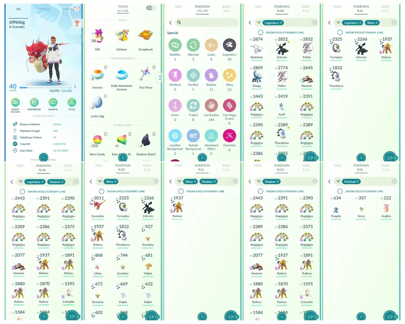 Level 40 | 50 Legendary : 52 Shiny | 4 Shiny Legendary : 1 Shiny Shadow | 15 Shadow Legendary : 2 Perfect iV100 | All Tradable - Global
