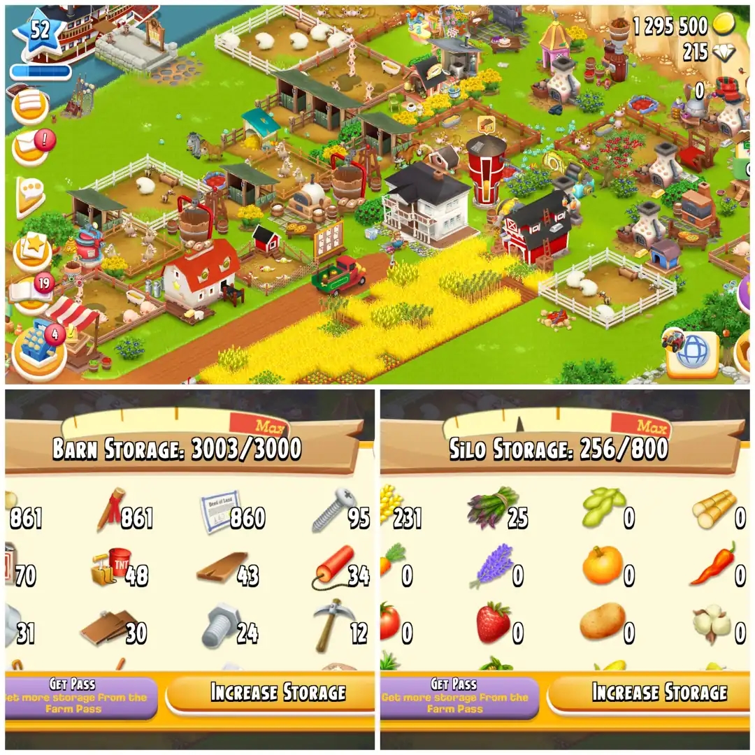 LEVEL 52 🎯 3000 BARN 🎯 800 SILO 🎯 FULLY FILLED LAND TOOLS 🎯 1.2M COINS 🎯 215 DIAMONDS 🎯 FULLY STACKED 🎯 FULL ACCESS 🎯 INSTANT DELIVERY - Global