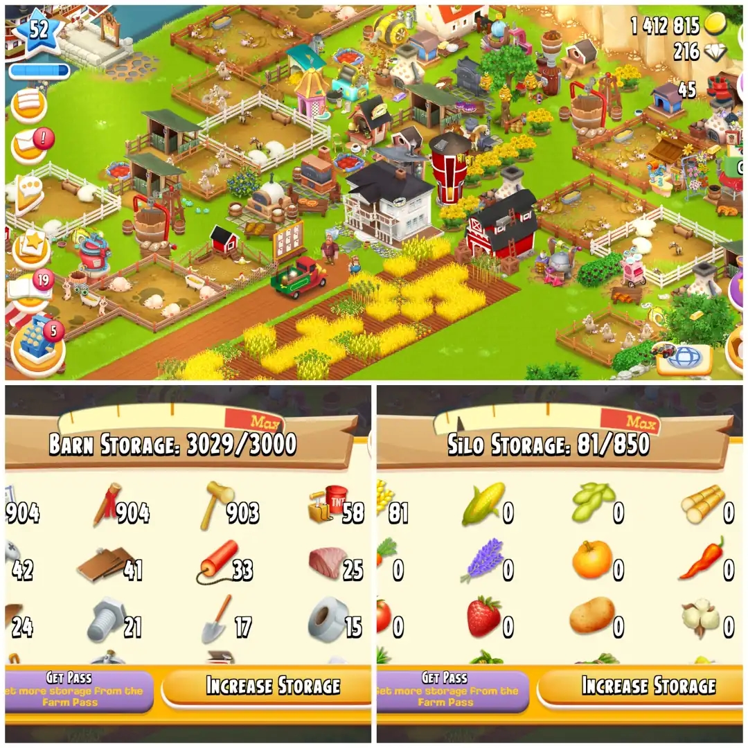 LEVEL 52 🛡️ 3000 BARN 🛡️ 800 SILO 🛡️ FULLY FILLED LAND TOOLS 🛡️ 1.4M COINS 🛡️ 216 DIAMONDS 🛡️ FULLY STACKED 🛡️ FULL ACCESS 🛡️ INSTANT DELIVERY - Global