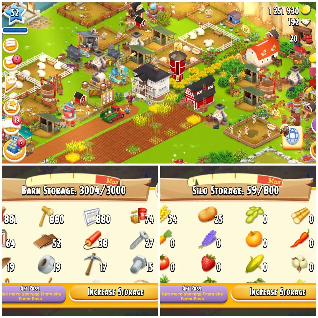 LEVEL 52 🔥 3000 BARN 🔥 800 SILO 🔥 FULLY FILLED LAND TOOLS 🔥 1.2M COINS 🔥 192 DIAMONDS 🔥 FULLY STACKED 🔥 FULL ACCESS 🔥 INSTANT DELIVERY - Global