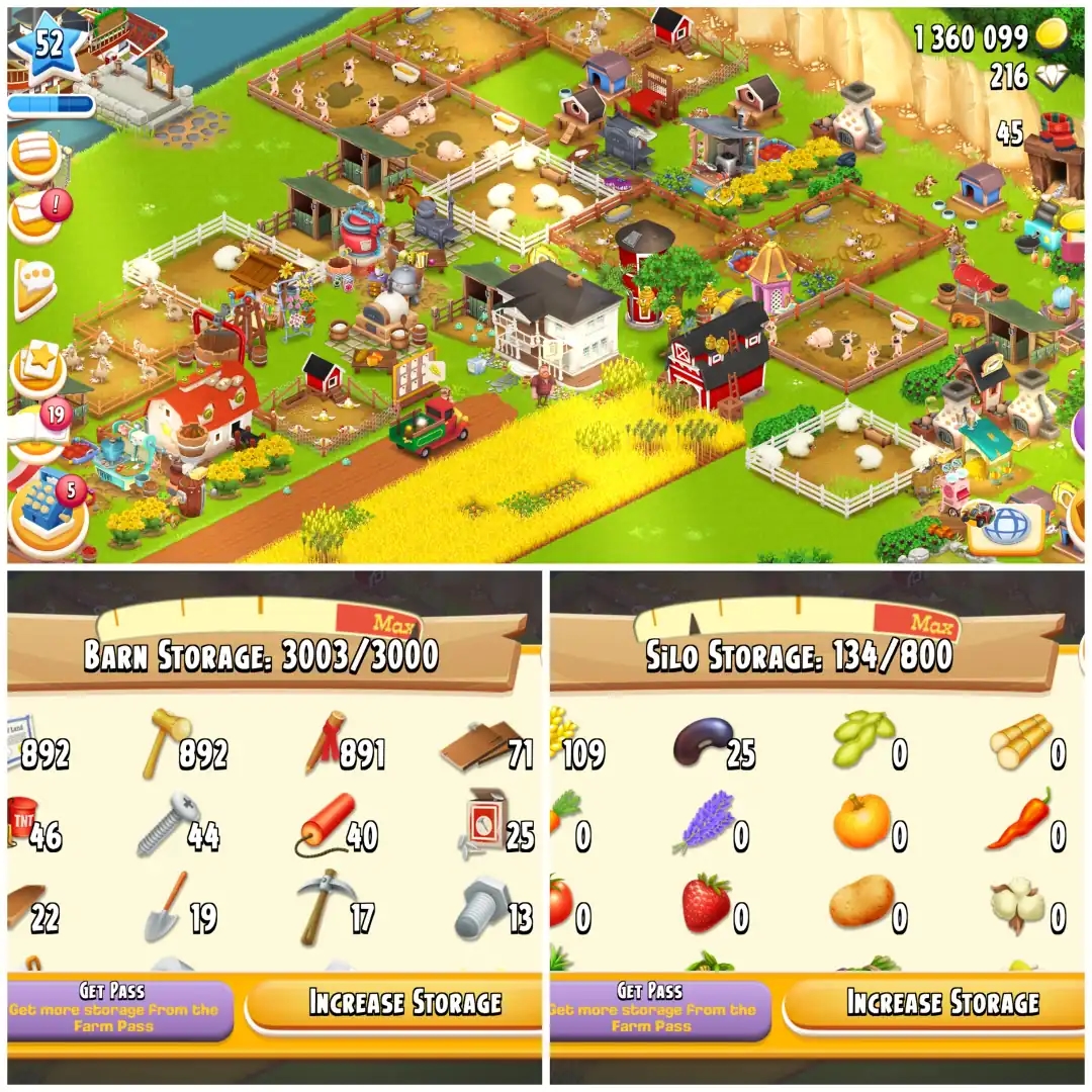 LEVEL 52 🪙 3000 BARN 🪙 800 SILO 🪙 FULLY FILLED LAND TOOLS 🪙 1.3M COINS 🪙 216 DIAMONDS 🪙 FULLY STACKED 🪙 FULL ACCESS 🪙 INSTANT DELIVERY - Global