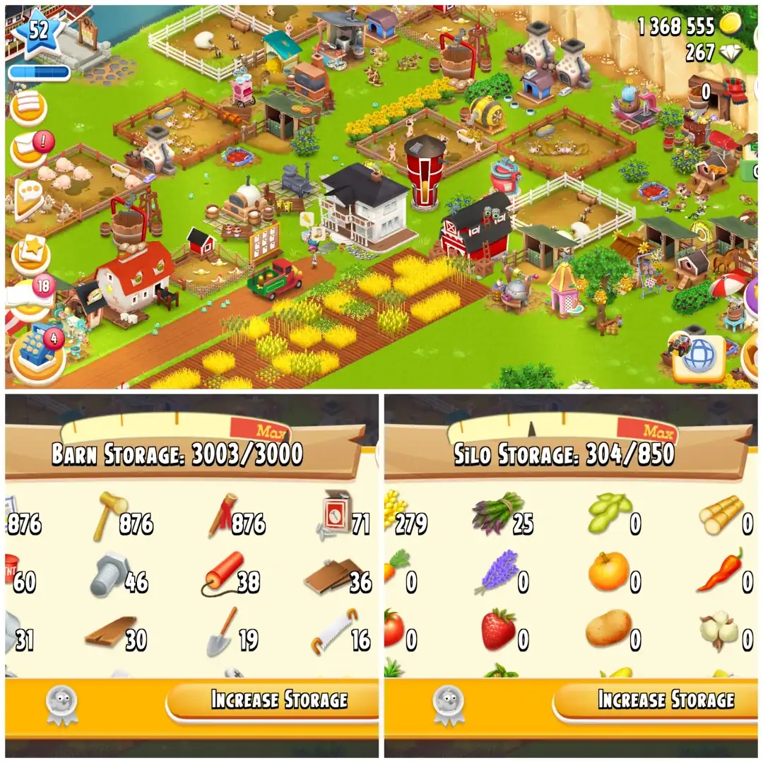 LEVEL 52 🦅 3000 BARN 🦅 800 SILO 🦅 FULLY FILLED LAND TOOLS 🦅 1.3M COINS 🦅 267 DIAMONDS 🦅 FULLY STACKED 🦅 FULL ACCESS 🦅 INSTANT DELIVERY - Global
