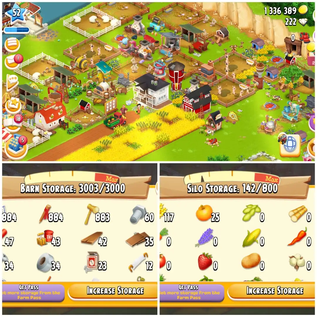 LEVEL 52 🪬 3000 BARN 🪬 800 SILO 🪬 FULLY FILLED LAND TOOLS 🪬 1.3M COINS 🪬 222 DIAMONDS 🪬 FULLY STACKED 🪬 FULL ACCESS 🪬 INSTANT DELIVERY - Global