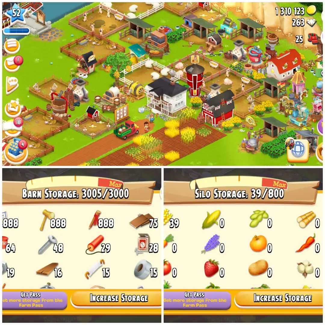 LEVEL 52 🦂 3000 BARN 🦂 800 SILO 🦂 FULLY FILLED LAND TOOLS 🦂 1.3M COINS 🦂 263 DIAMONDS 🦂 FULLY STACKED 🦂 FULL ACCESS 🦂 INSTANT DELIVERY - Global