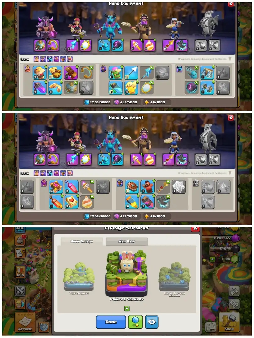 TH16 Near Max 🔥 XP 218 🔥 9 Epic Equipments 🔥 Heroes BK76 AQ90 MP58 GW57 RC34 🔥 Painter Scenery 🔥 10 Hero Skins 🔥 - Global