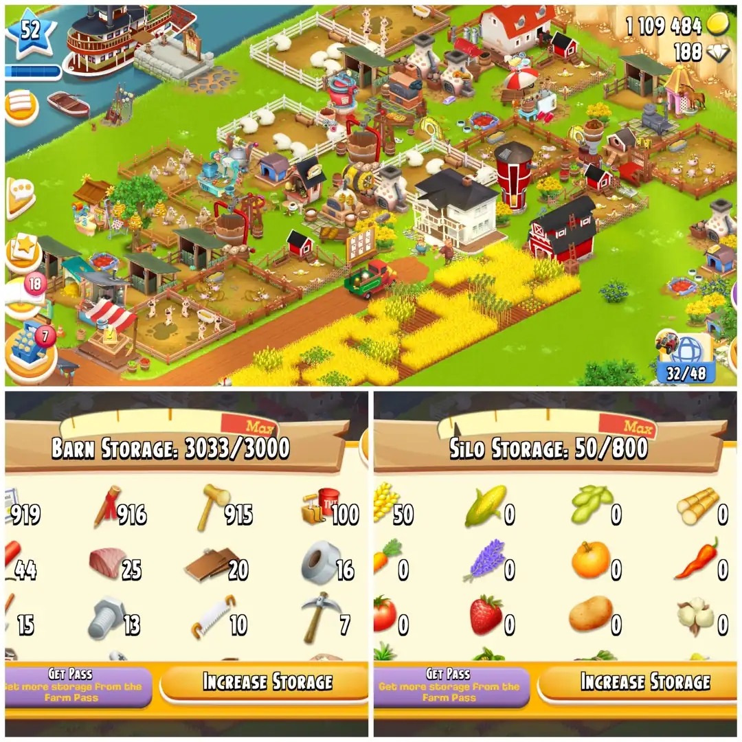 LEVEL 52 | 3000 BARN & 800 SILO | FULLY FILLED LAND TOOLS | 1.1M COINS & 188 DIAMONDS | FULLY STACKED | FULL ACCESS | IOS/ANDROID - Global