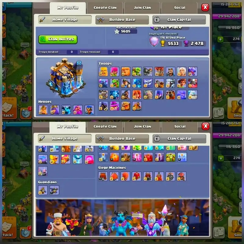 [5605 WWS]➤➤14 Epic Equipment➤➤th18 4 Hero Max Account➤➤2364 Cwl Medals➤➤9 Epic Almost Max➤➤Longshot Max➤➤Exp 251 - Global