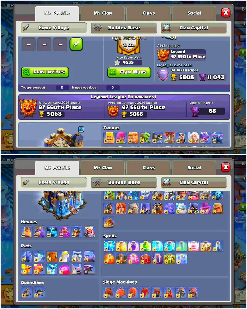 [Profile 100% Max] Th18 Fully Max | Best Deal | 4500 Ws | 5 Heroes Max | 6 Epic Max | B.B 100% Max | Xp-261 | 100% Max Wall | Full Access | BH Max - Global