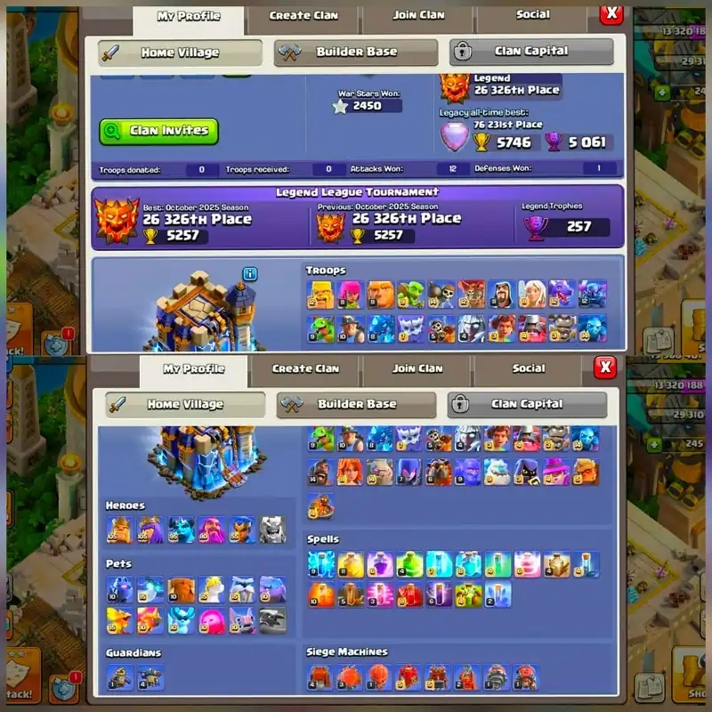 [15 Epic Equipment]➤➤Th8 5 Hero Max Account➤➤3 League Skin➤➤Many Heroes Skin➤➤928 Cwl Medals➤➤6 Epic Max - Global