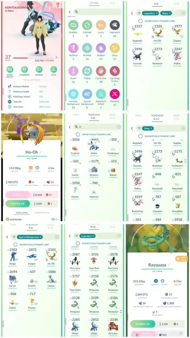 R275 | Level37 | 68 Legendary | 15 Shiny | 6 Shiny Legend | Special BG Shiny Ho-oh | Mega Rayquaza | Hundo Black Kyurem |