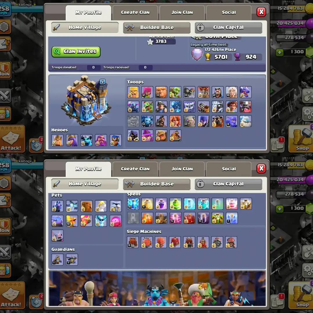 【All Hero Max 100%】➤Th18 Fully Max➤【11 Gear Epic Max】➤[Wall 100% Max] Profile Fully Max➤3780 War Star➾258 XP➤Full Ownership➤Instant Delivery➤