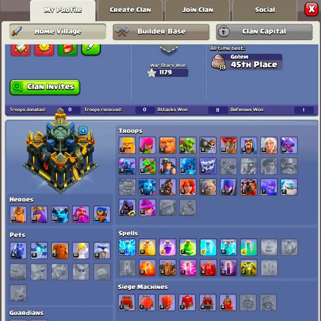 [Nc Free] [4 Epic Lvl 21] Th17 Near Max | Purple Wall | Heroes: 85-86-60-57-32 | All Epic Avl | High Dfc | Xp-169 | 1179 Ws | Full Access | 4x Skin