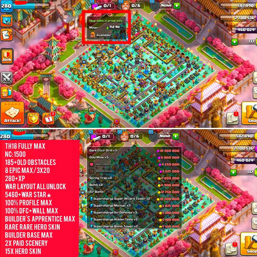 [Wrold Top Deal] Th18 Fully Max [185+Old Obstacles] [100% Max Profile] Almost 11 Epic Max | 5468 Ws | 100% Wall Max | Xp-280 | B.B Max | Full Access