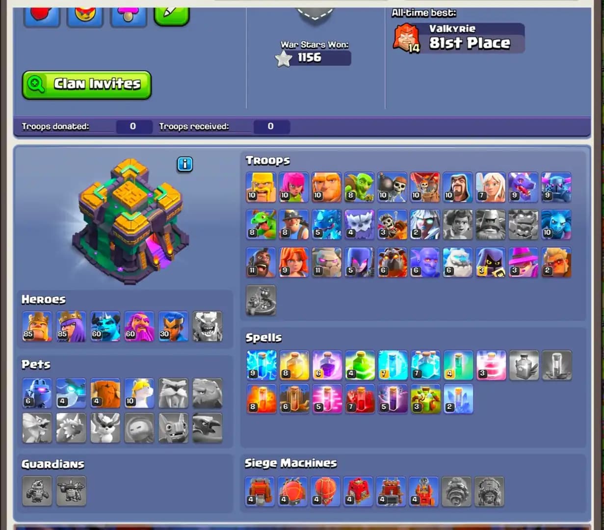 [NOTHING LEFT] TH14 FULL MAX | PAID SCENERY | 1300+ CWL MEDALS | HEROES: 85-85-60-60-30 | 10 EPIC AVL | XP-199 | 100% MAX | 9X SKIN | FULL ACCESS