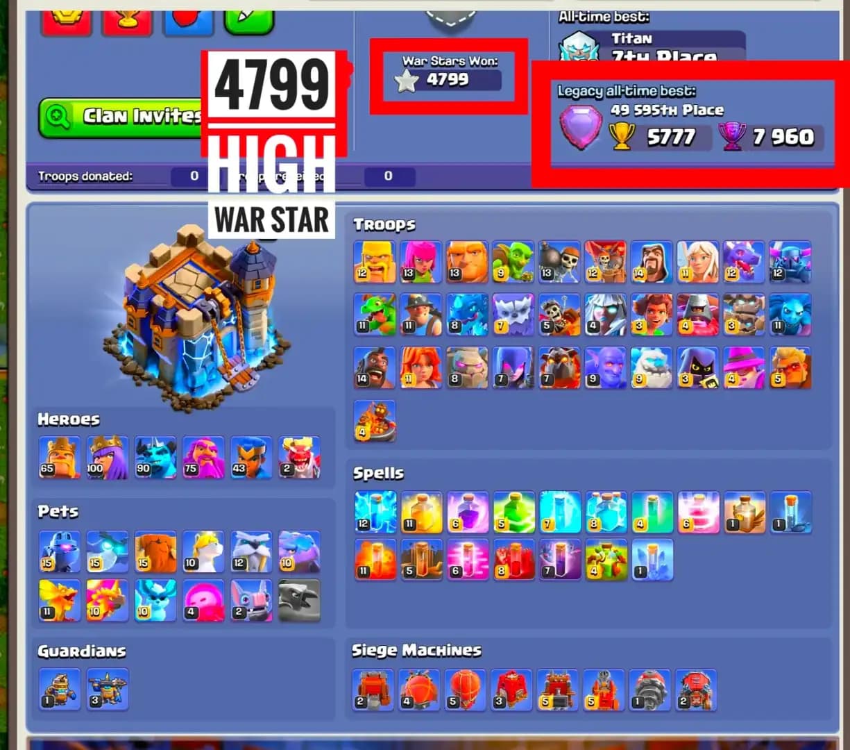 TOP DEAL | TH18 NEAR MAX [4 EPIC MAX] 4799 WS | NC YES | HEROES: 65-100-90-75-43-2 | MAX EPIC | WALL HIGH | XP-240 | 12X SKIN | FULL ACCESS