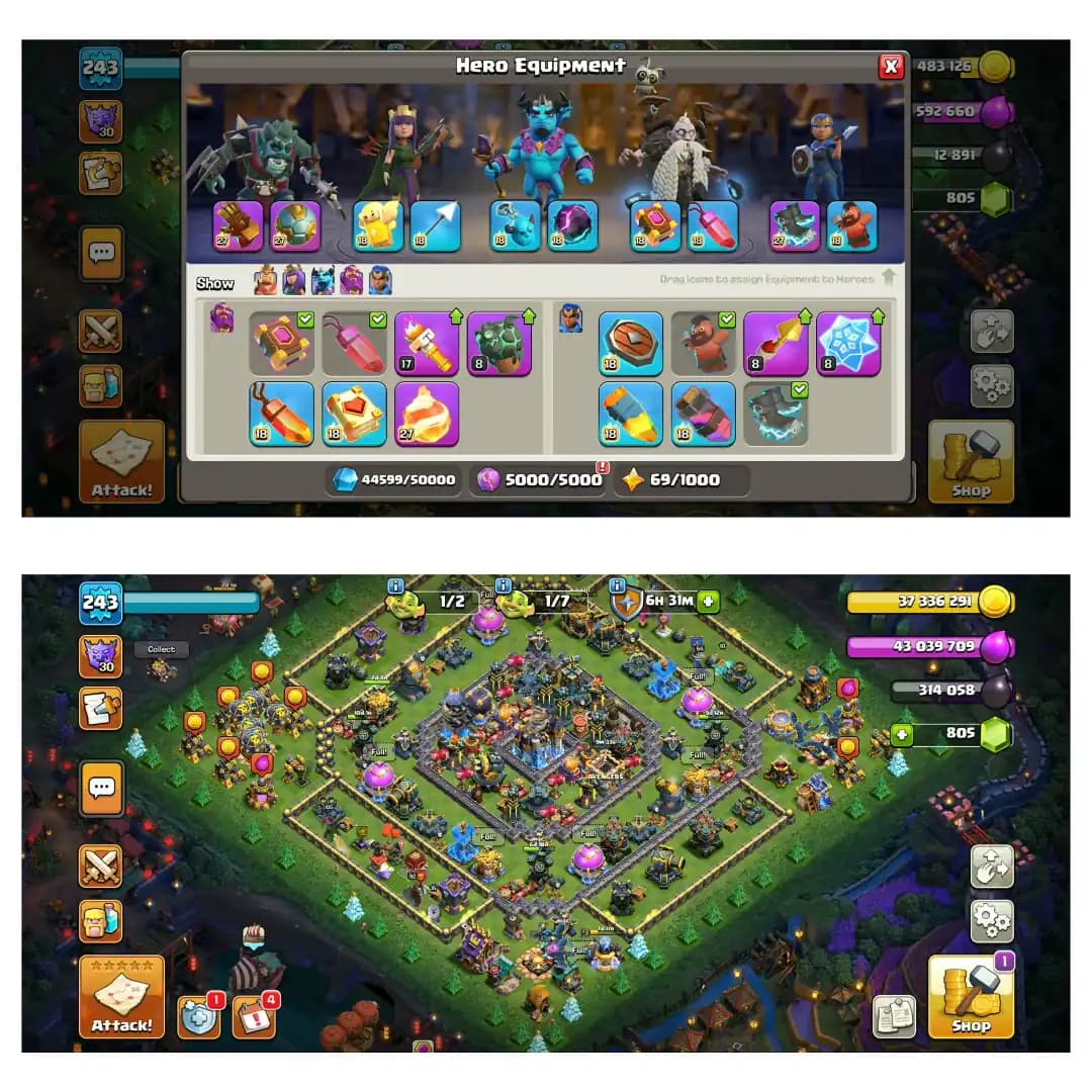 [Super Deal] Th17 Near Max  ➺Hero:92-105-92-84-80-55 ➺5 Epic Max ➺125X Walls Max ➺NC 500 ➺Buyer Mail ➺Max BH10 ➺XP-243 [Full Access]