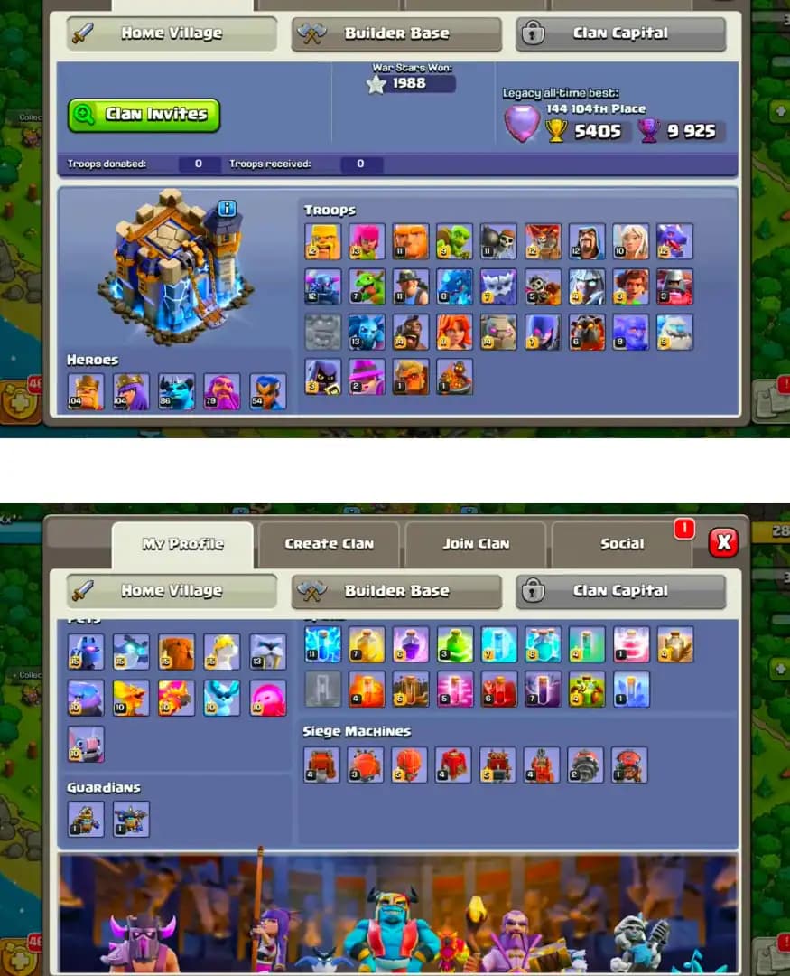 [Best Deal] Th18 Near Max ➺125 Walls Max ➺Hero:105-105-86-80-55 ➺All Epic Equipments ➺NC Yes ➺Max Army ➺Max Defence ➺Max BH10 | Full access