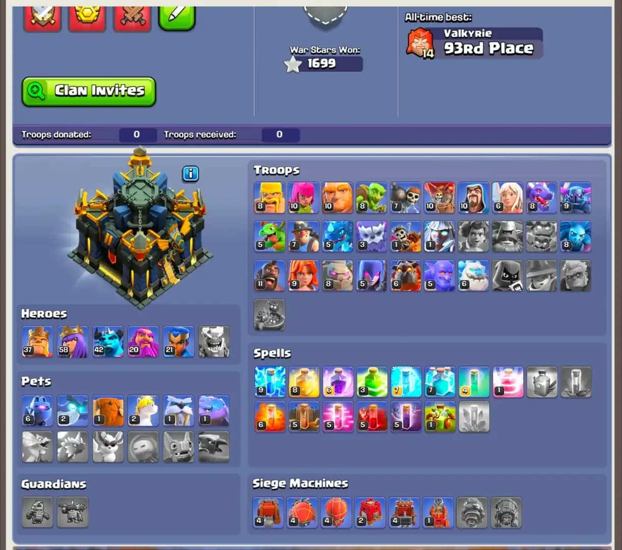 [PAID SCANERY] TH17 BEST DONATION | XP-188 | NC YES | HEROES: 37-58-42-20-21 | 1699 WS | 5X SIEGE | STRONG DFC | BLUE WALL | FULL ACCESS