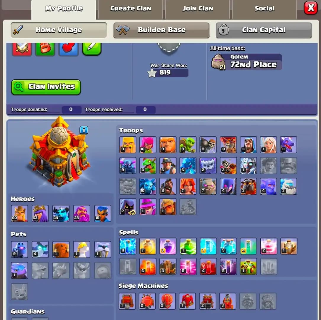 [Cheap Price] Th16 Great Donation | Strong Defence | Heroes: 60-63-44-28-15 | Xp-173 | 819 Ws | Good Pets | Siege + Troops Unlock | Full Access