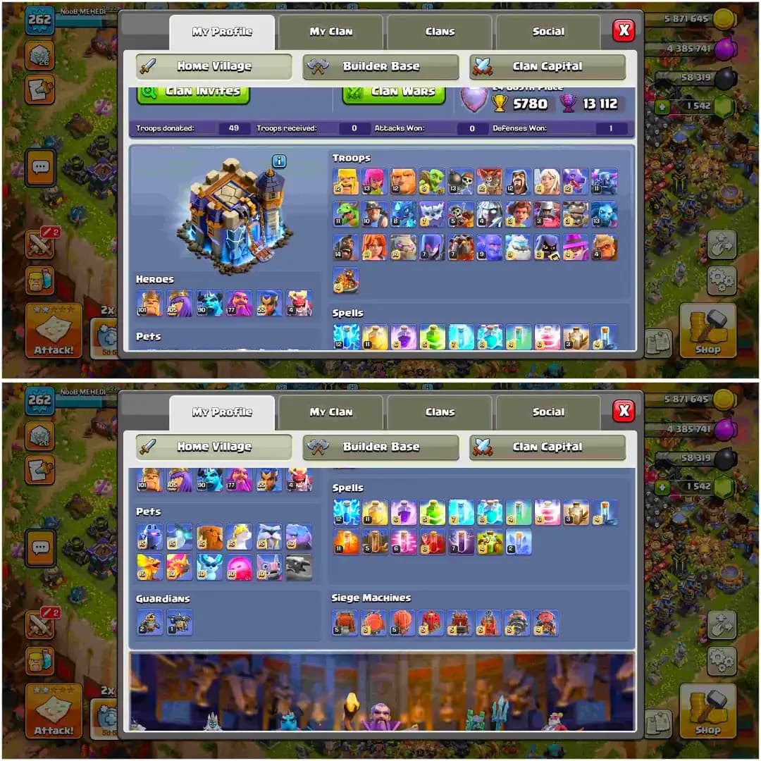 [Very Best Deal] Th18 Near Max | 7 Epic Max 5x 26 Lvl | Xp-262 | Heroes: 101-105-90-77-55 | Nc Yes | Max Pets | Max Type Wall | Full Access